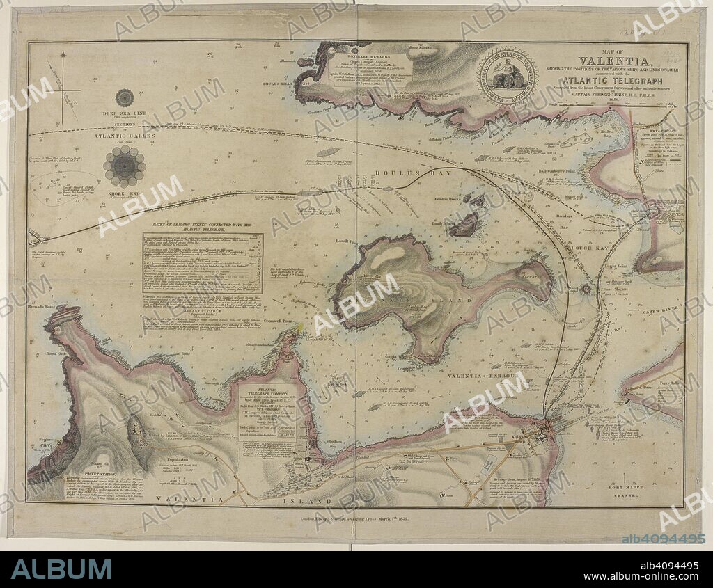 FREDERIC BRINE. Map showing a coast of Valentia island and the harbour; Doulus bay; and the lines of cables connected with the Atlantic telegraph. Map of Valentia shewing the positions of the various Ships and Lines of Cable connected with the Atlantic Telegraph. Compiled ... by Captain F. Brine. London : E. Stanford, 1859. Source: Maps.12094.(1).
