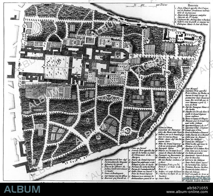 Istanbul (Türkei), Topkapi Serail. (Palaststadt der Sultane; 1565-1840 erbaut). - "Serrail et Jardins du Grand Seigneur". (Plan der Gesamtanlage mit Gärten). Kupferstich, Paris (Le Rouge) um 1774/ 1776. Aus einem Sammelband: "Plans de Jardins".