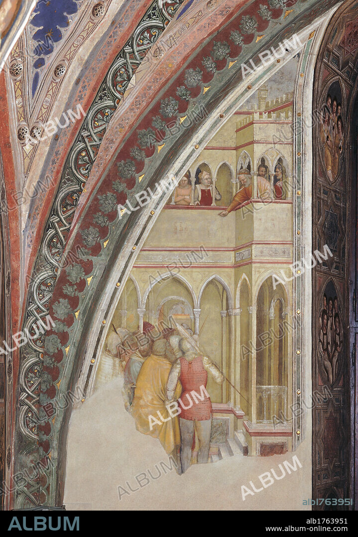 Frescoes on the right wall in the San Giacomo Chapel (Episode 5, Stories of St James), by Altichiero da Zevio, Jacopo Avanzi, 1372-1379 about, 14th Century, fresco,. Italy, Veneto, Padua, SantAntonio di Padova Basilica, San Giacomo Chapel. Detail. Panel top left after restoration. Frescoes of the right wall of the San Giacomo Chapel Episode 5 Stories of St James The Companions of St James before the King of Spain.