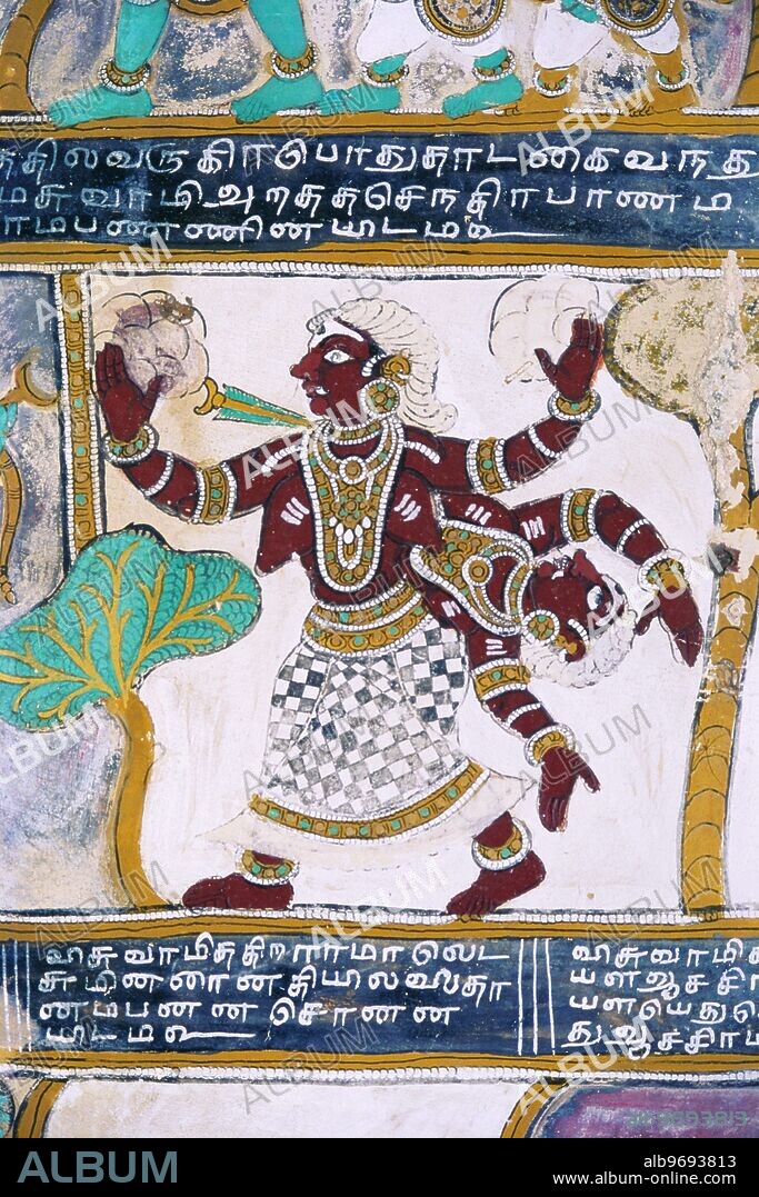 Ramayana in painting at Madurai 400 years old - Rama Killing Thadakai - Rakshasi - Tamil Nadu - India.