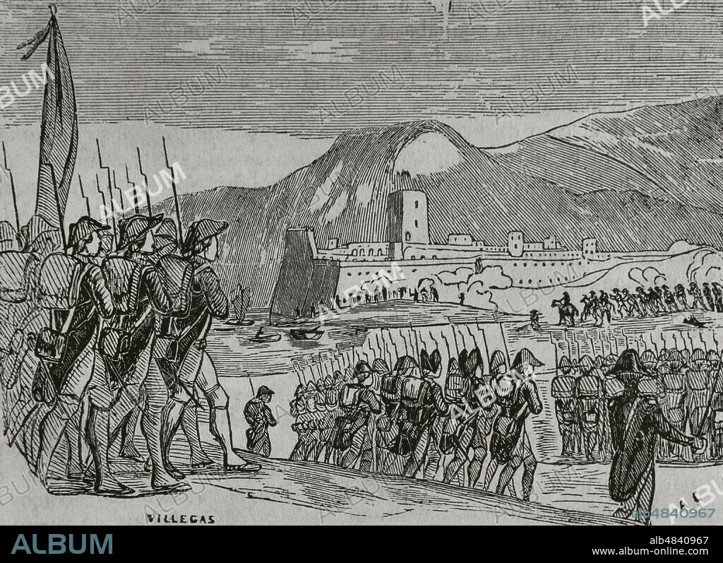 Guerra del Rosellón, también llamada Guerra de los Pirineos o Guerra de la Convención, (1793-1795). Conflicto entre la España de Carlos IV y la Primera República Francesa. Sitio de Rosas (1794-1795). Comenzó el 28 de noviembre de 1794 y duró hasta el 4 de feberro de 1795, fecha en que la guarnición española abandonó la localidad y las fuerzas francesas, al mando de Dominique Catalina de Perignon, tomaron el control. Pérdida de Rosas. Grabado. "Historia del Levantamiento, Guerra y Revolución de España", por el conde de Toreno. Madrid,1851.