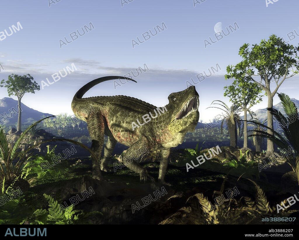 A 12-foot-long, 1,000 pound rauisuchian archosaur of the genus Postosuchus wanders a hilltop 220 million years ago in what is today Texas. Surrounding the Postosuchus are various cycads, ferns, and tree-like Glossopteridales. With a crocodile-like body and tyrannosaur-like head, Postosuchus was likely a fierce apex predator that preyed upon Dicynodonts and other animals smaller than itself, including some of the first dinosaurs.