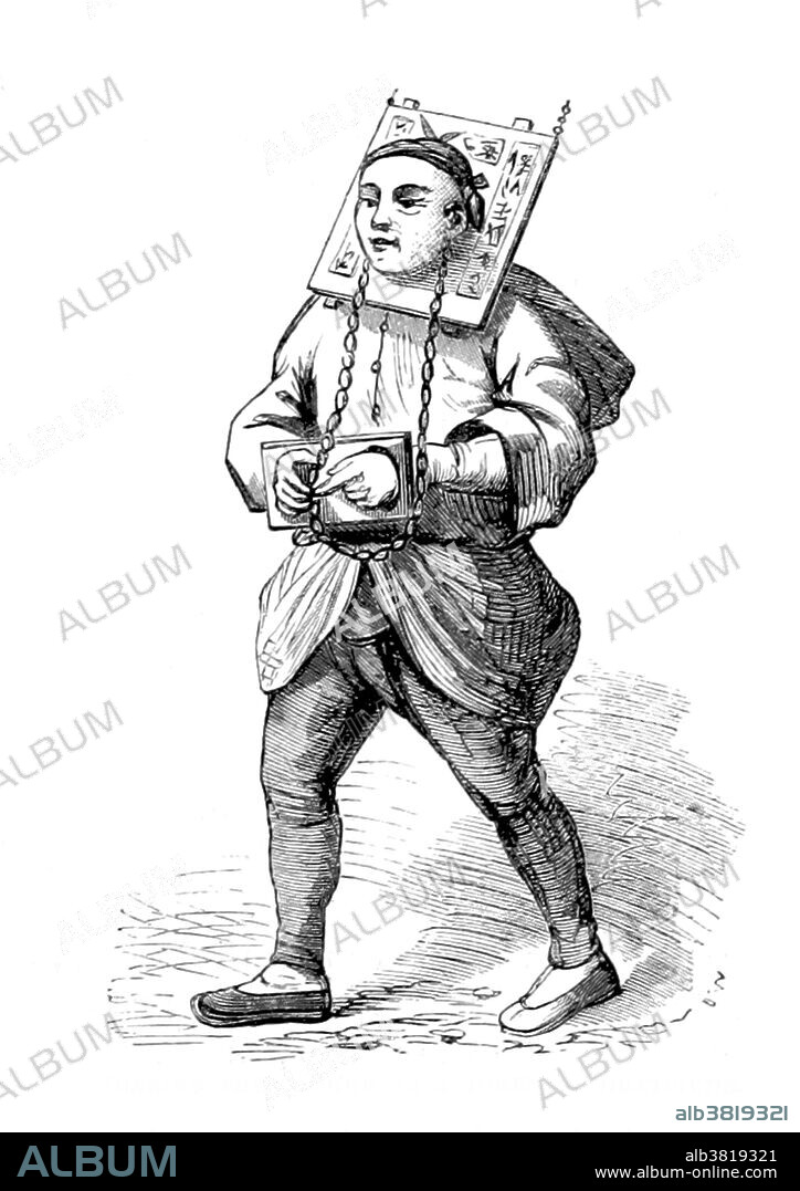 A cangue is a device that was used for public humiliation and corporal punishment in China and some other parts of East Asia and Southeast Asia until the early years of the 20th century. A typical cangue would consist of a large, heavy flat board with a hole in the center large enough for a person's neck. The board consisted of two pieces. These pieces were closed around a prisoner's neck, and then fastened shut along the edges by locks or hinges. The opening in the center was large enough for the prisoner to breathe and eat, but not large enough for a head to slip through. The prisoner was confined in the cangue for a period of time as a punishment. The size and especially weight were varied as a measure of severity of the punishment. Image taken from page 179 of "Social Life of the Chinese" with some account of their religious, governmental, educational and business customs and opinions by Justus Doolittle, 1867.