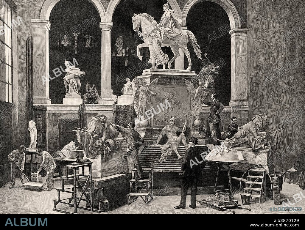 Reinhold Begas in his studio, a German sculptor, after Korte, woodcut.