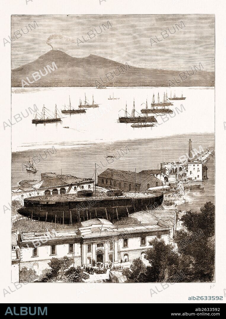THE ITALIAN NAVY: THE NEW IRONCLAD "DUILIO" ON THE STOCKS IN THE HARBOUR OF CASTELLAMARE, ITALY, 1876.