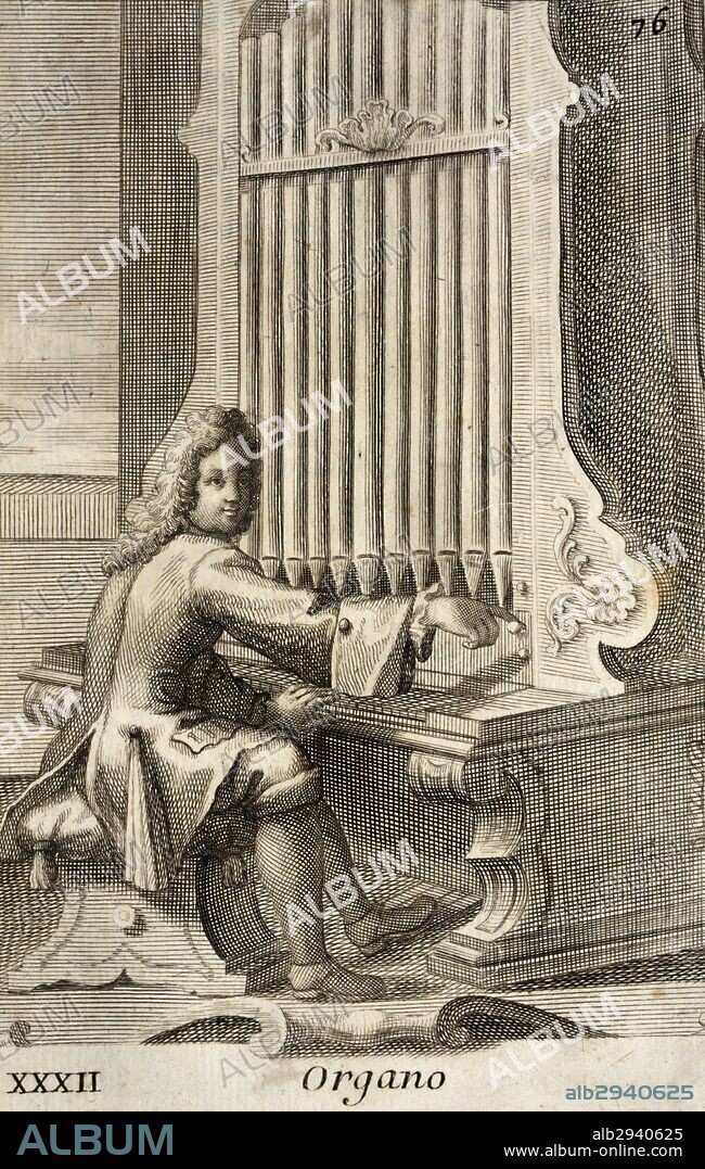 Man playing the organ, 1723, by Filippo Bonanni (1658-1723), from Musical cabinet full of sounding instruments, shown and explained, with 150 engravings, collection of musical instruments from around the world. Italy, 18th century.
