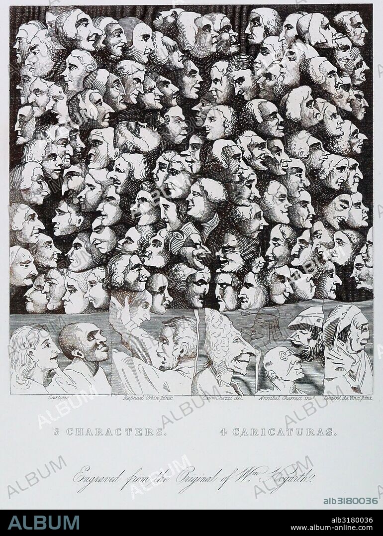 Characters and Caricaturas by William Hogarth (1697 – 1764). English painter, printmaker, pictorial satiriSaint Characters and Caricaturas is an engraving by English artist William Hogarth, that he produced as the subscription ticket for his 1743 series of prints, Marriage à-la-mode, and which was eventually issued as a print in its own right. the heads of three figures from Raphael's Cartoons are introduced under the article Character, in opposition to the fantastic Caricatures of Cavalier Chezzi, Annibal Characci, and Leonardo Da Vinci.