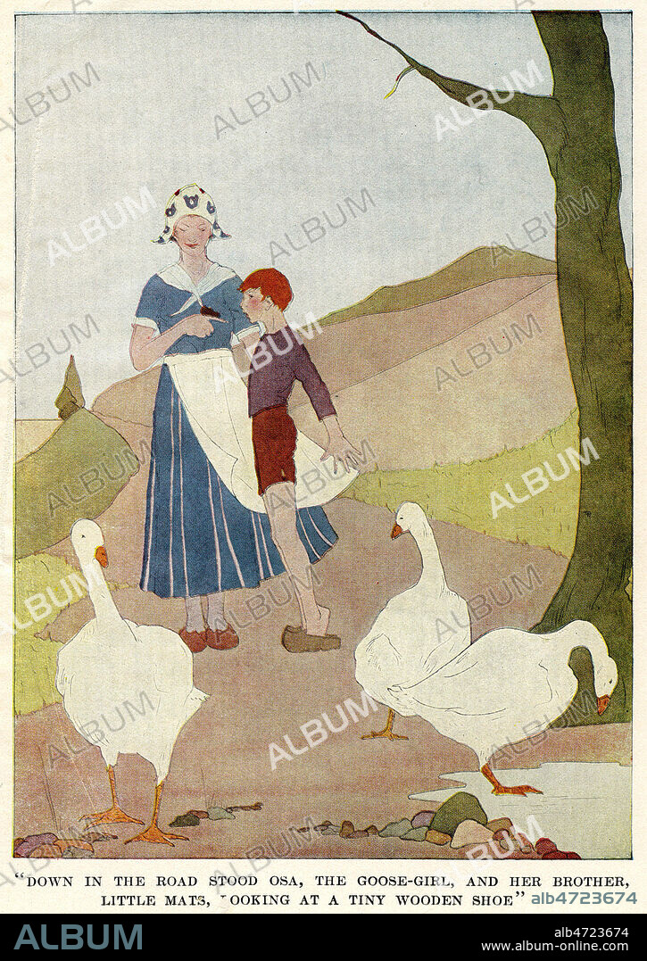 (La gardeuse d'oies Osa et son frere en sabots). Illustration de 1925 par Mary Hamilton FRYE pour Les merveilleuses aventures de Nils Holgersson par Selma LAGERLOF (1858-1940). Credit : Coll. Jonas/KHARBINE-TAPABOR.