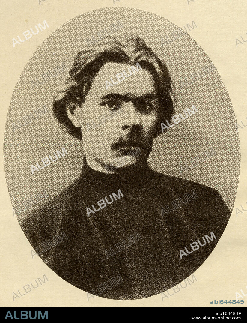 Maxim Gorky, pseudonym of Aleksei Maksimovich Peshkov 1868-1936 Soviet novelist, playwright. From the book "The Masterpiece Library of Short Stories, Russian etc, Volume 13'.