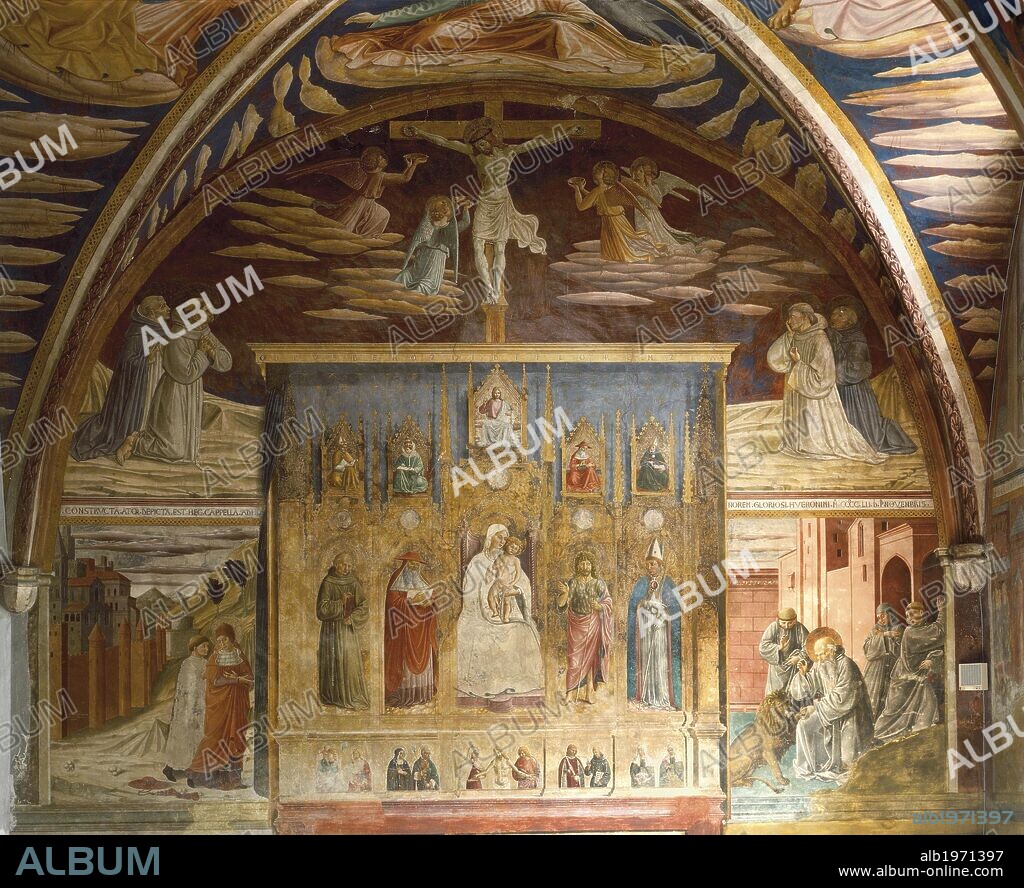 Cycle of frescoes depicting the life of Christ and St Jerome, 1452, by Benozzo Gozzoli (1421-1497), center of a fake altarpiece with Madonna and Saints, in the lower register Episodes from the Life of the Saint, in the lunette the Crucifixion. Chapel of St Jerome, Church of St Francis, Montefalco, Umbria. Italy, 15th century.