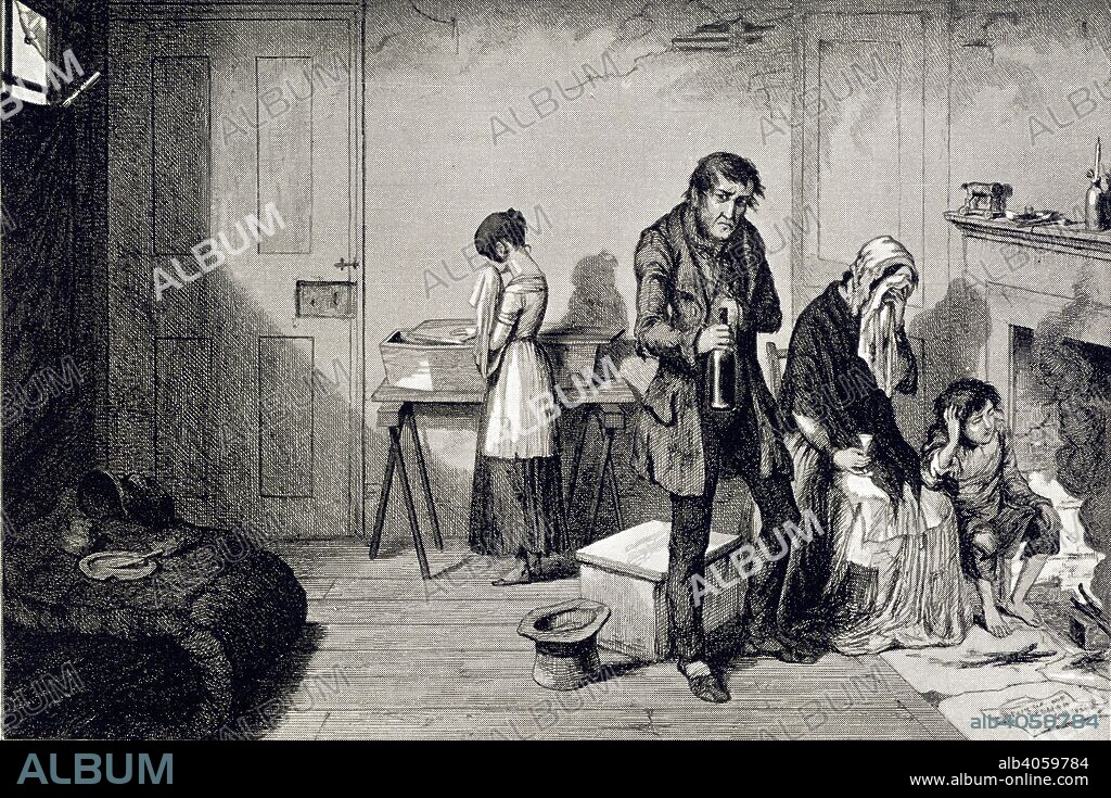 GEORGE CRUIKSHANK and CRUIKSHANK, GEORGE, THE ELDER. A poor family. The Bottle, and the Drunkard's Children. In sixtee. Gowans & Gray: Glasgow; Brimley Johnson & Ince: Lo. A poor family in their living room.  Image taken from The Bottle, and the Drunkard's Children. In sixteen plates designed and etched by G. Cruikshank...  Originally published/produced in Gowans & Gray: Glasgow; Brimley Johnson & Ince: London, 1905. . Source: 8436.de.9,. Language: English.
