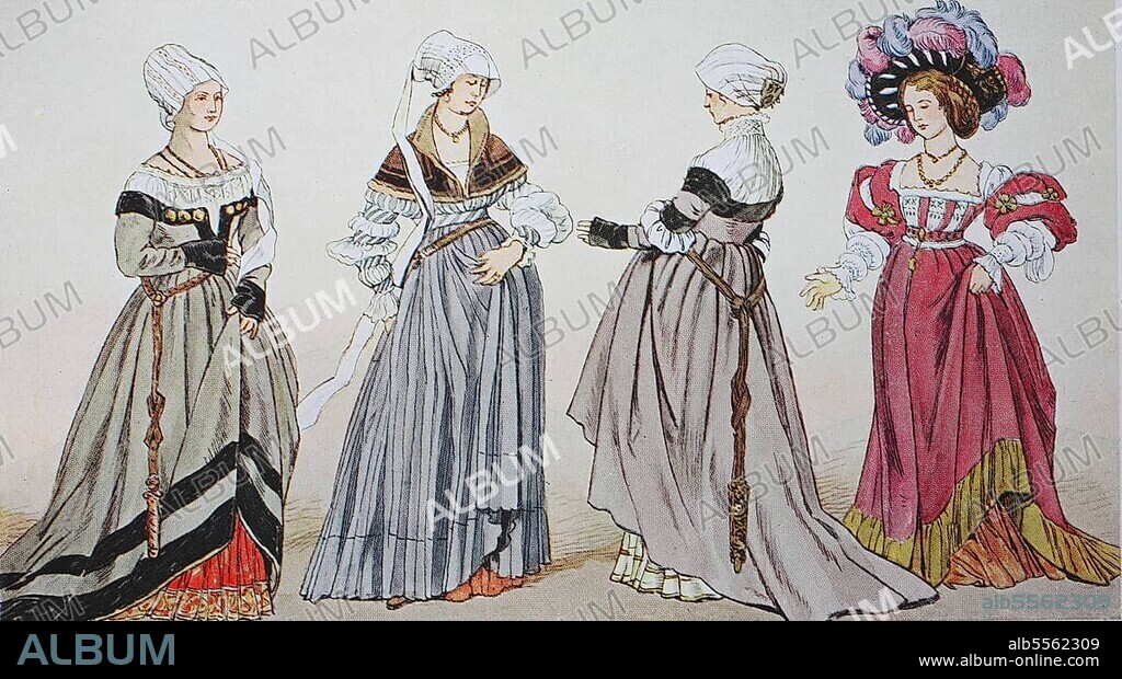 Clothing, fashion in Germany during the Reformation c. 1500-1530, Basel bourgeois costume c. 1530, after the ink drawings by Hans Holbein in the Museum zu Basel, digitally restored reproduction of an original from the 19th century.