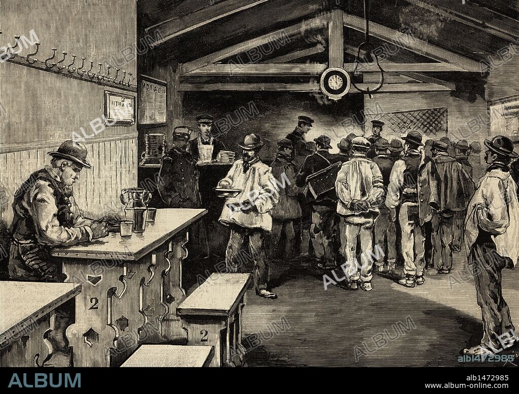 SOCIEDAD SIGLO XIX. PERIODO DE LA RESTAURACION (1875-1885). ESPAÑA. "LA BENEFICENCIA EN MADRID. EL DESPACHO DE RACIONES Y EL COMEDOR". Grabado de "La Ilustración Española y Americana", AÑO 1879.