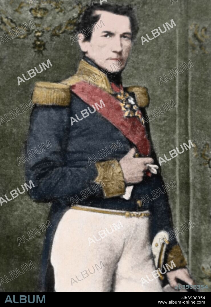 Leopoldo I (Leopoldo de Sajonia-Coburgo-Gotha y Reuss-Ebersdorf (Coburgo, Alemania, 1790-Laeken, Bélgica, 1865). Primer rey de los belgas (1831-1865). Con él se estableció la Casa de Sajonia-Coburgo-Gotha. Retrato coloreado.