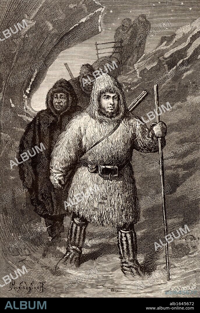 Joseph Rene Bellot (1826 - 1853) French Arctic explorer, born at Rochefort. In 1851 he joined the Kennedy Franklin Search Expedition. In 1853, while with the Inglefield Franklin Search Expedition, he disappeared in an opening in the broken ice. engraving from "Le Journal de la Jeunesse" (Paris, 1886).