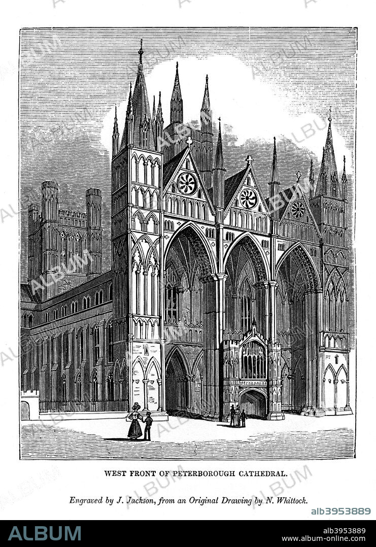 West front of Peterborough Cathedral, 1843. An engraving from The Art-Union Scrap Book, Henry G Bohn, London, 1843.