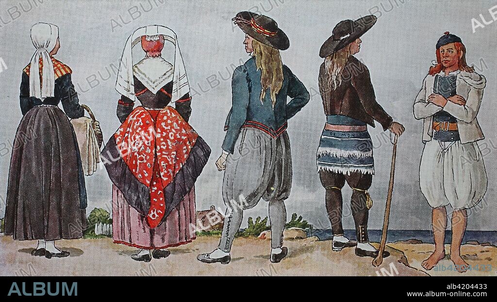 Fashion, clothing in France at the beginning of the 19th century, from the left, a farmer from Vannes, the department of Morbihan, two peasants in festive costume from Lambelle, the department of Cotes du Nord, then a farmer from Pont Abbe, department of Finistere and a man from the Breton countryside Cornouailles, digital improved reproduction from an original from the year 1900.