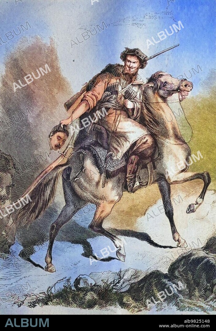 Caucasian warrior with his opponent's head cut off; historical engraving; c. 1869; Historic; digitally restored reproduction from a 19th century original; coloured; exact date unknown.