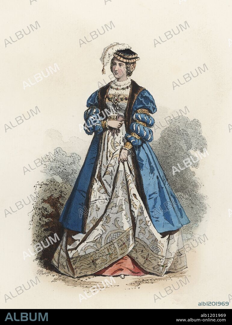 Princesa polaca, en la Edad Moderna. Grabado en color de 1870.