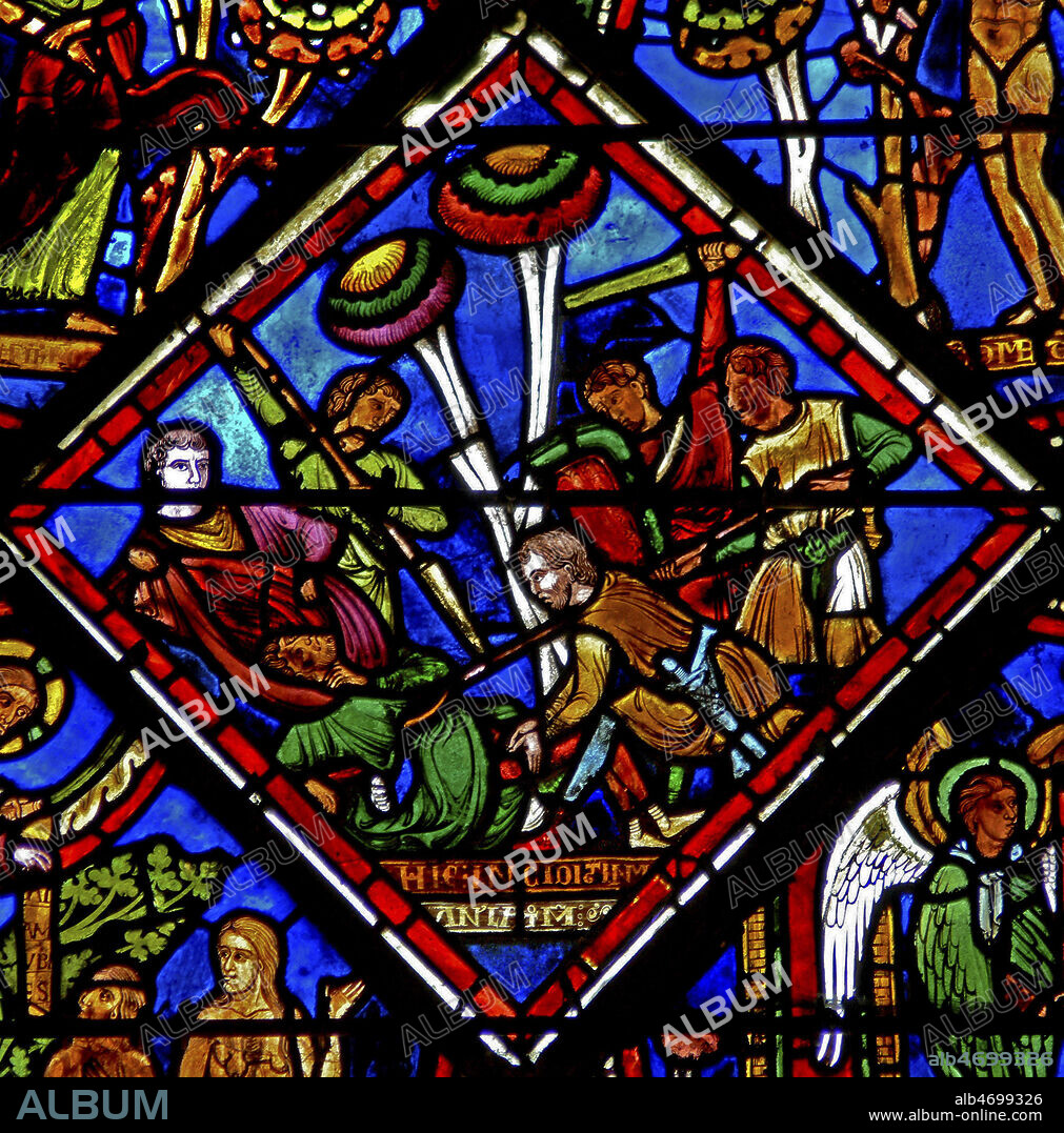 Parabole du Bon Samaritain : un pelerin est attaque et depouille par des bandits. Vitrail de la cathedrale de Sens datant du 13eme s. Photographie par Painton Cowen. Credit : Collection Cowen/KHARBINE-TAPABOR.