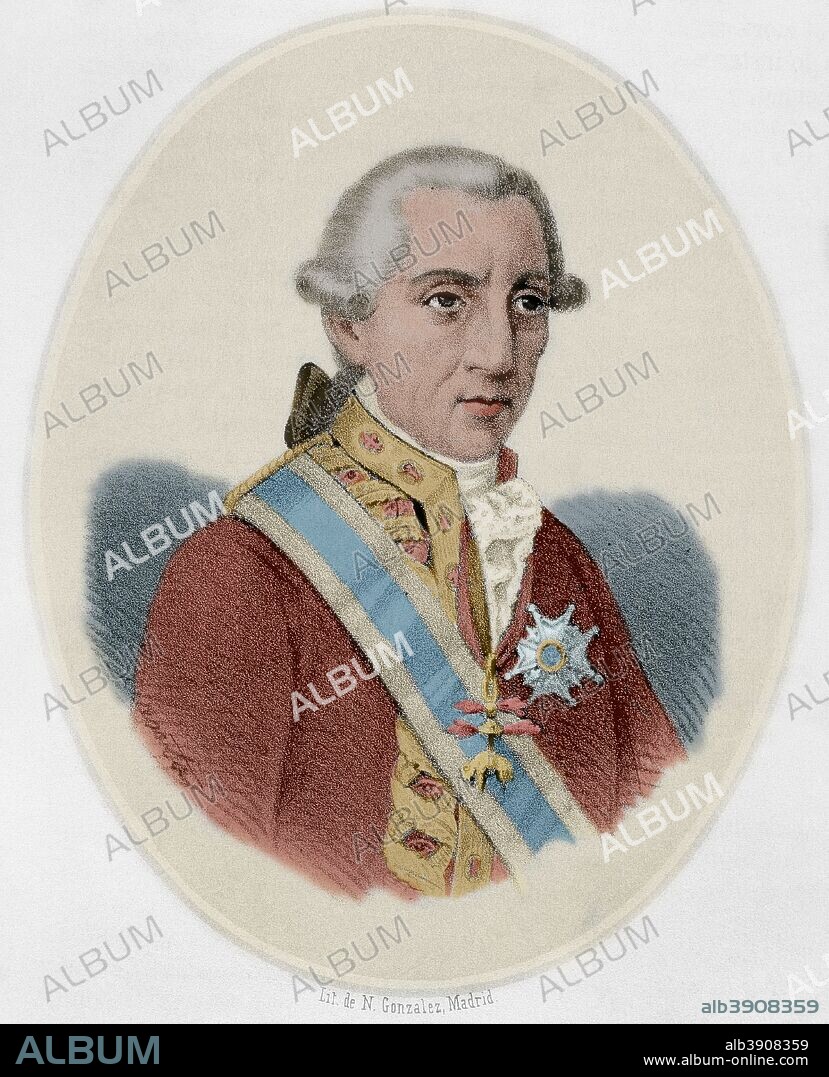 Conde de Floridablanca (José Moñino y Redondo) (Murcia, 1728 Sevilla, 1808). Político español. Secretario de Estado entre 1777 y 1792. Encarcelado en 1792 bajo la acusación de abuso de poder. Liberado en 1808, dirigió la Junta de Murcia y posteriormente fue elegido presidente de la Junta Suprema Central. Litografía. Coloreada.