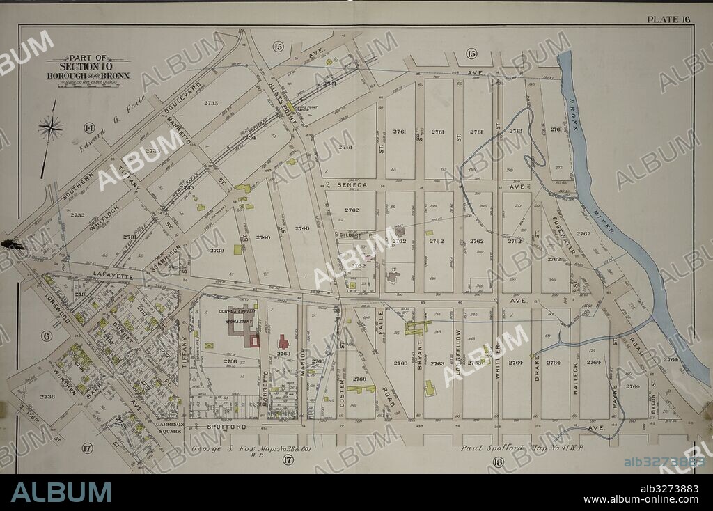 Plate 16: Part of Section 10, Borough of the Bronx. Bounded by Garrison Avenue, Faile Street, Whitlock Avenue, Southern Boulevard, Longwood Avenue, Garrison Avenue, E. 156th Street, Worthen Street, Garisson Square and Spofford Avenue.