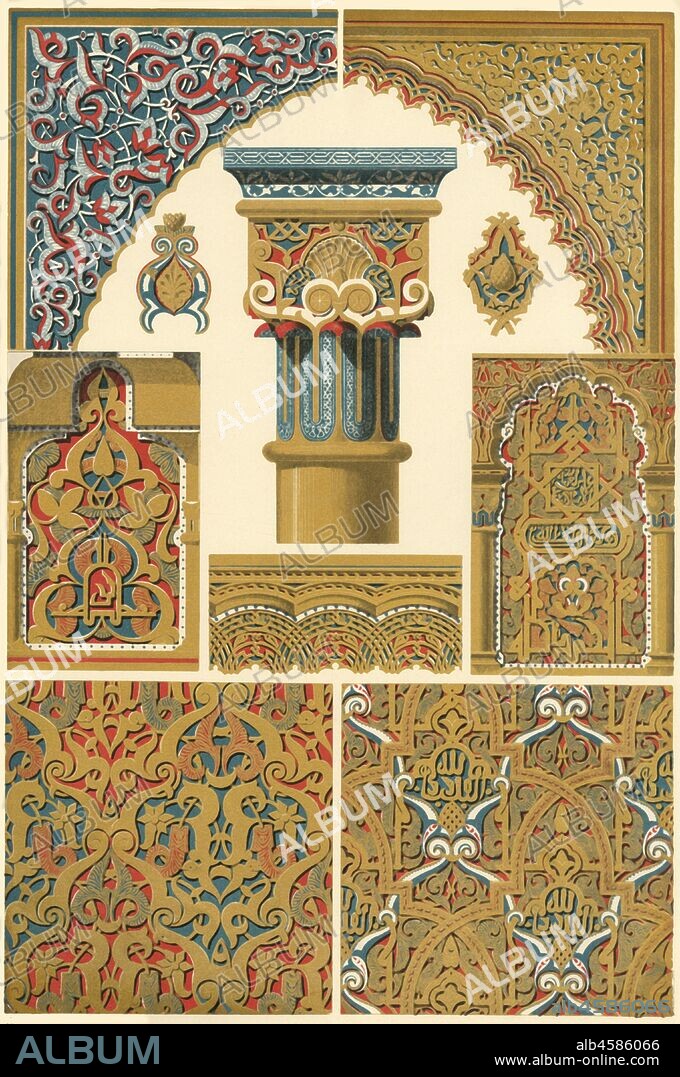 Architectural decoration in the Alhambra, (1898). 'Moresque - Architectural Ornament - Spain is the country, where the Islamitic art found its purest and most beautiful development in the buildings of the Moorish kings, for instance, in the palace of Alhambra near Granada (13th and 14th century). Especially with the Moors, Mahomedan ornamentation reached its culminating point. Figs 2-10 represent mouldings and wall surfaces executed in stucco and painted...The Moorish artists knew how to produce wonderful effects by artfully interlacing and twisting the geometrical and arabesque ornaments...we find two...and sometimes even three systems of ornaments...worked into each other...'. Plate 28 from "The Historic Styles of Ornament" translated from the German of H. Dolmetsch. [B.T. Batford, London, 1898].