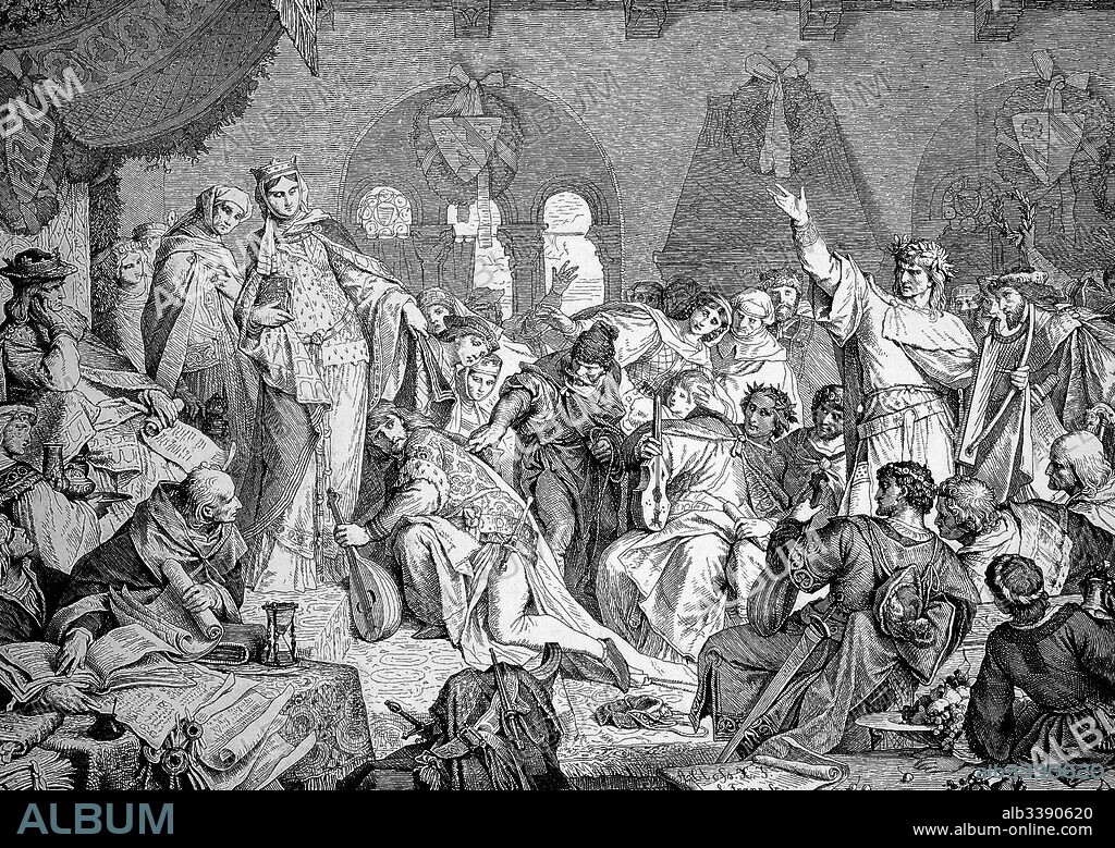 The Saengerkrieg minstrel contest, also known as the Wartburg War Wartburg contest, was a contest among minstrels Minnesaenger at the Wartburg castle in Thuringia in 1207, historical illustration.