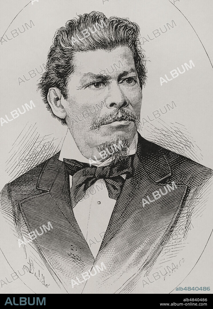 FéLIX BADILLO (1848-1895). SPANISH ILLUSTRATOR. CARLOS PENOSO. 19TH-CENTURY SPANISH ENGRAVER.. Ignacio Manuel Altamirano (1834-1893). Escritor, militar y político mexicano. Retrato. Dibujo por Badillo. Grabado por Penoso. La Ilustración Española y Americana, 1878.