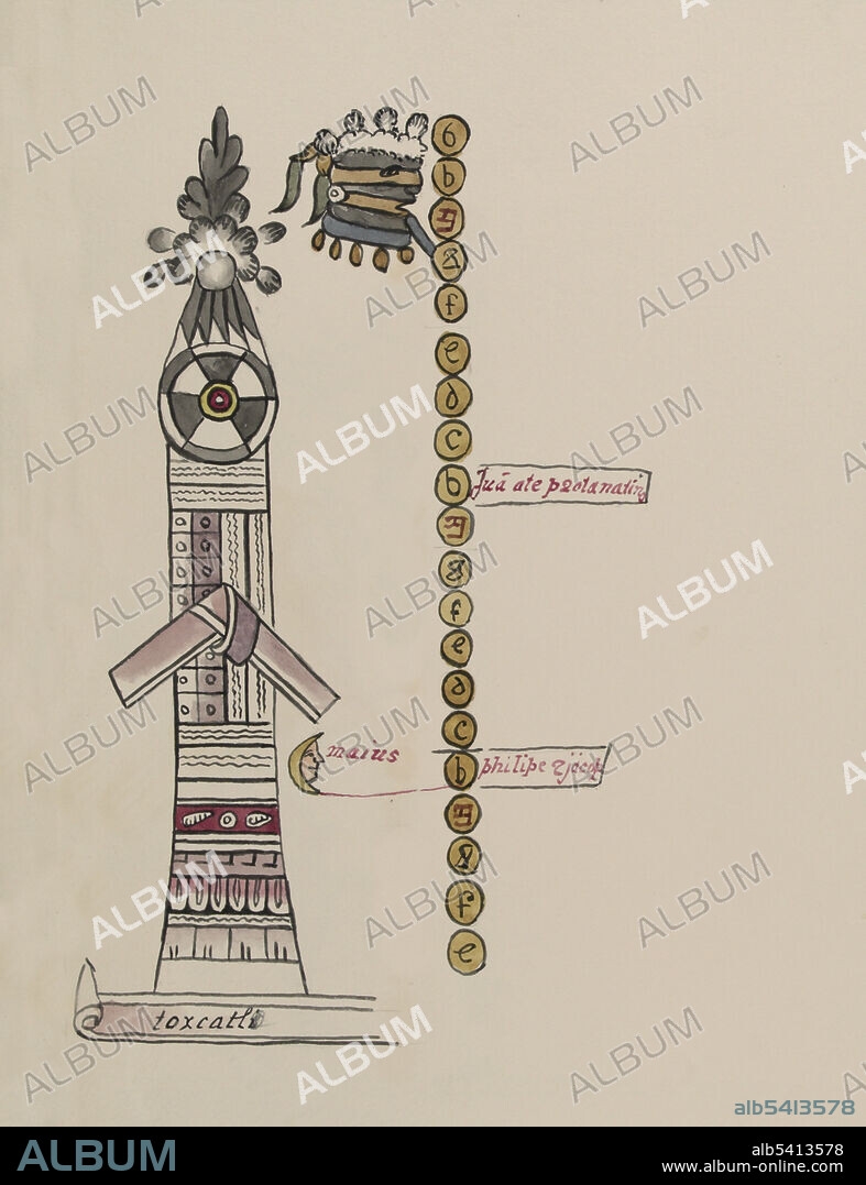 An instrument consisting of a staff wrapped with painted papers surmounted with a wheel. A large paper knot binds the top. At the right is a symbol of a striped face with white feathers on the head and a necklace.  The month, identified as May, is called Toxcatl (Drought). The patron gods of this month were Huitzilopochtli and Tezcatlipoca (the god of the night sky and memory). The instrument shown, a tlachieloni or itlachiaya (viewing instrument), is one of the attributes of Tezcatlipoca, and was believed to serve him as a magic mirror. The striped face is also a symbol of Tezcatlipoca. The Tovar Codex (16th century) contains detailed information about the rites and ceremonies of the Aztecs. The codex is illustrated with 51 full-page paintings in watercolor. Illustration taken from a 19th century transcript of Juan de Tovar's Historia de la benida de los yndios apoblar a Mexico (the Co´dice Tovar).