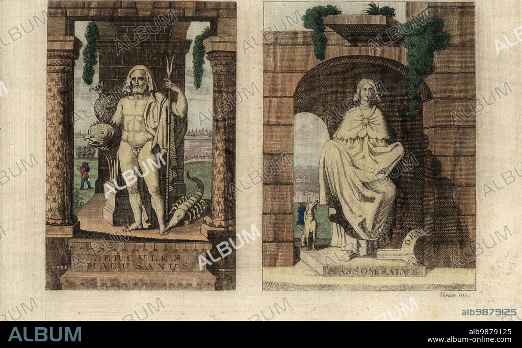 Germanic or Norse deities: the god Thor and goddess Nehalennia. Labeled with their interpretatio romana translations Hercules Magusanus and Massom Salus (Massonius Laetus). Handcoloured copperplate engraving by Antonio Verico from Giulio Ferrarios Costumes Ancient and Modern of the Peoples of the World, Il Costume Antico e Moderno, Florence, 1844.