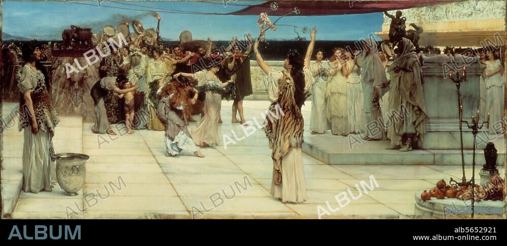 History / Antiquity / Religion:. "A Dedication to Bacchus". Painting, 1889, by Sir Lawrence Alma-Tadema (1836-1912). Oil on canvas, 77.5 × 177.5 cm. Hamburg, Kunsthalle.