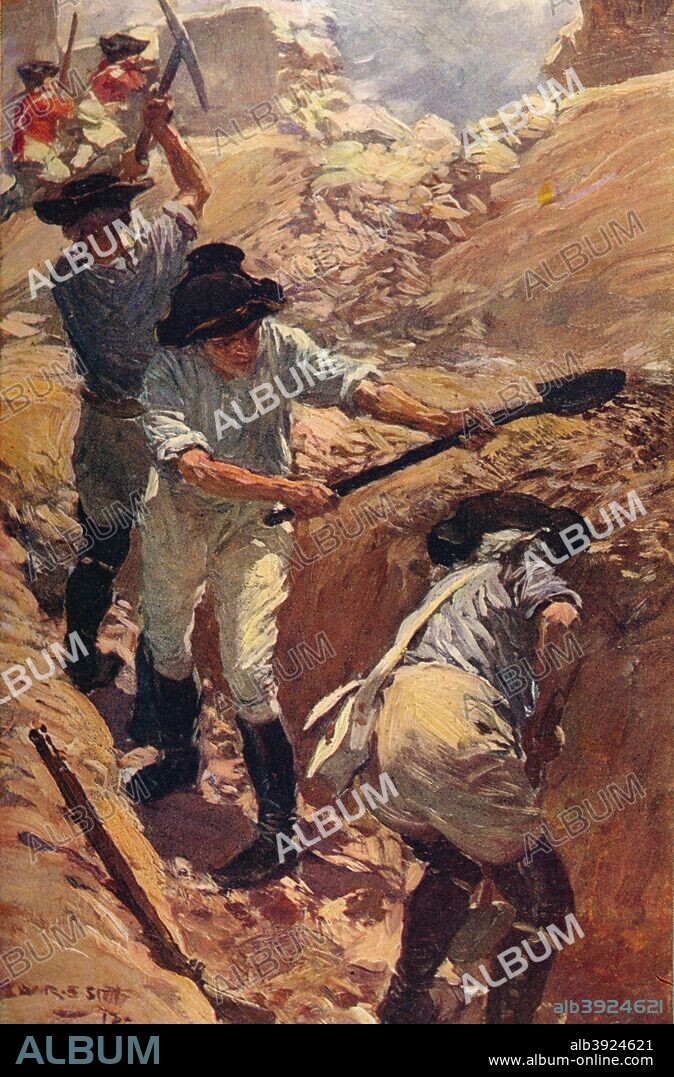 'Clive in the Trenches at Arcot', 1751 (c1912). The Siege of Arcot (23 September-14 November 1751) took place at Arcot, India between forces of the British East India Company and forces of Nawab of the Carnatic, Chanda Sahib, assisted by the French East India Company. The British forces were led by Major-General Robert Clive (1725-1774). From The Romance of India, edited by Herbert Strang. [Hodder & Stoughton, London, c1912].