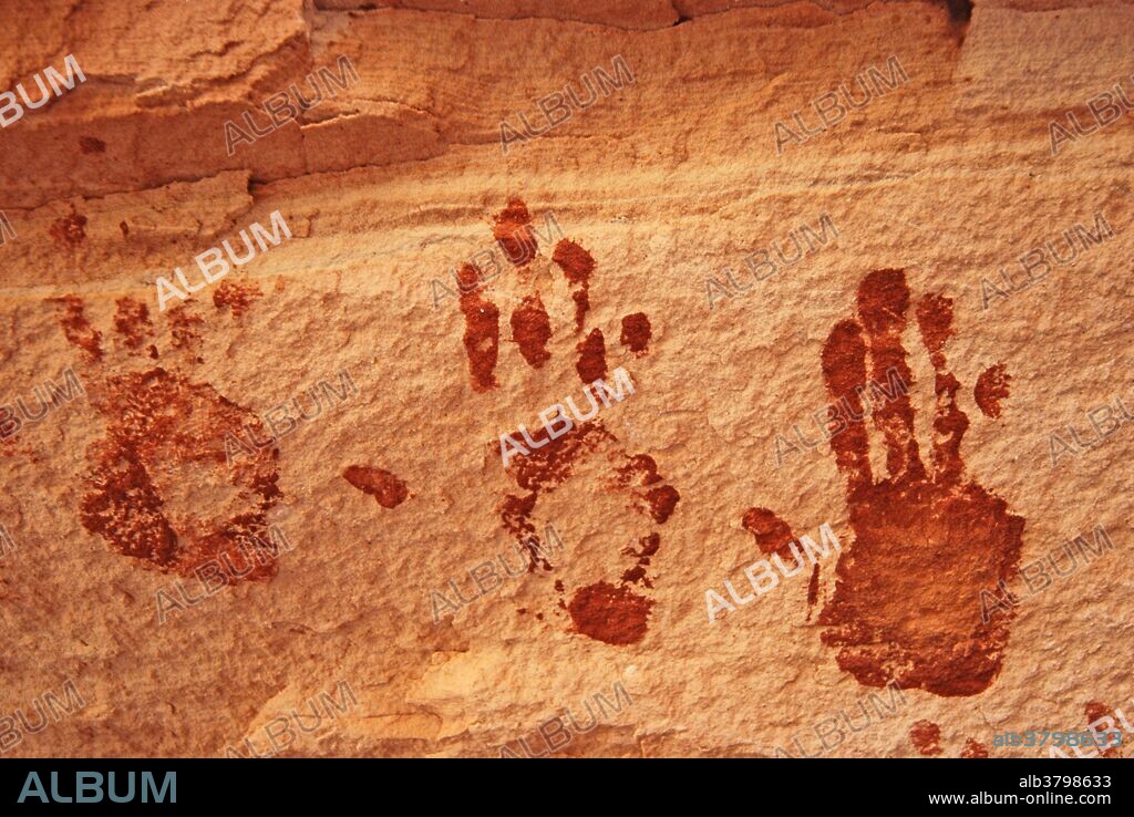 Detail of Anasazi handprints on sandstone wall in Natural Bridges National Monument in Utah.