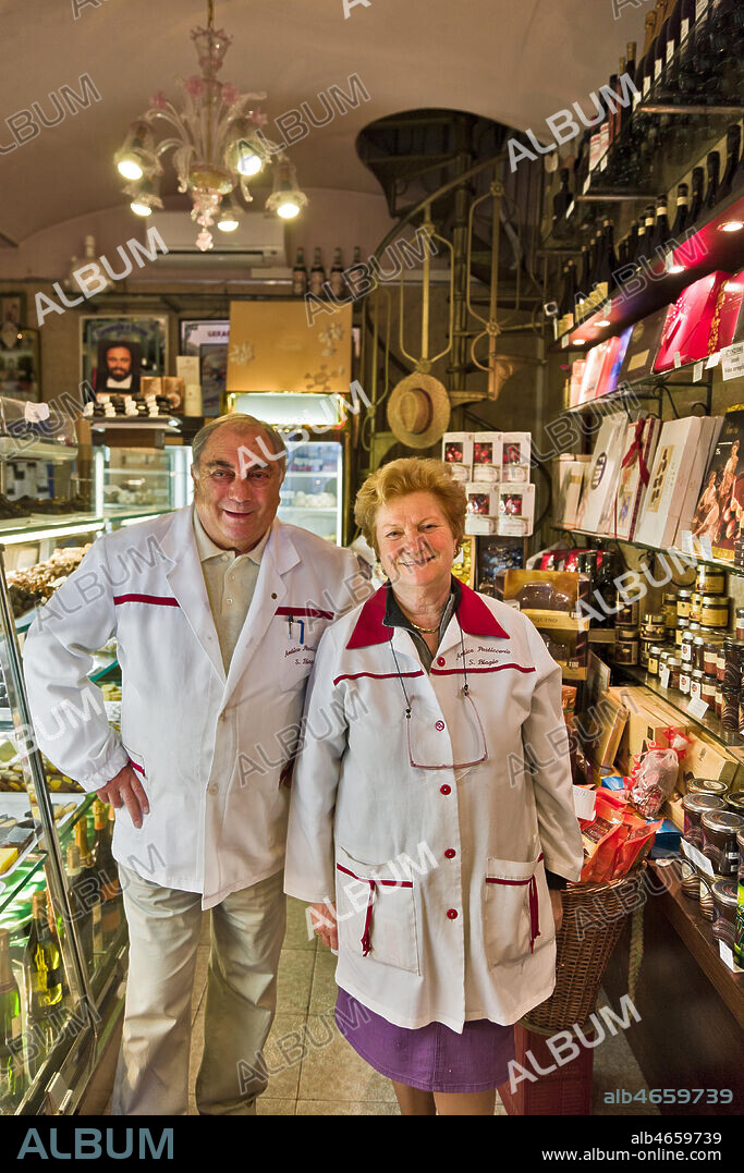 Modena, Historical shop "Antica Pasticceria San Biagio" (old pastry shop), in Emilia Centro road: the owners, Gianpiero Ronchi and his wife Iolanda.