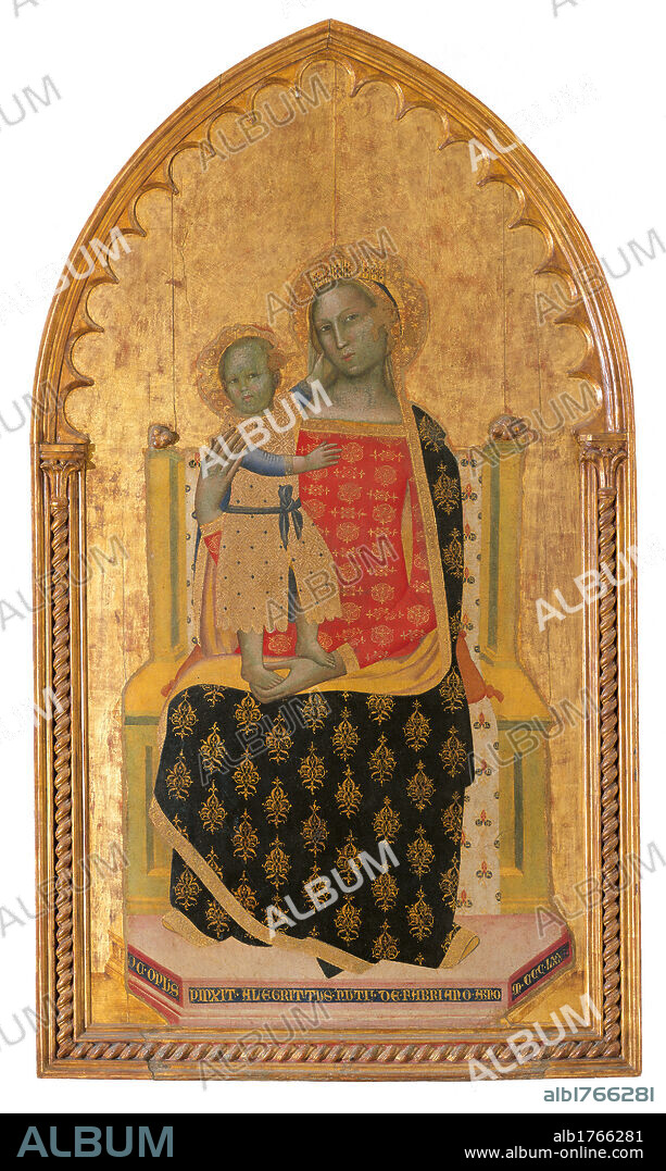 Madonna and Child Enthroned, by Allegretto Nuzi, 1372, 14th Century, tempera on panel, cm 167 x 96. Italy, Marche, Pesaro Urbino, Urbino, Marche National Gallery. The panel bears the signature  Hoc opus pinxit Alegrittus Nutii de Fabriano anno MCCCLXXII.. All. Virgin Mary cloak halos Jesus Baby Child clothes mother son throne step entry inscription board table centered gilding gold red blue. Authorization required for non editorial use.