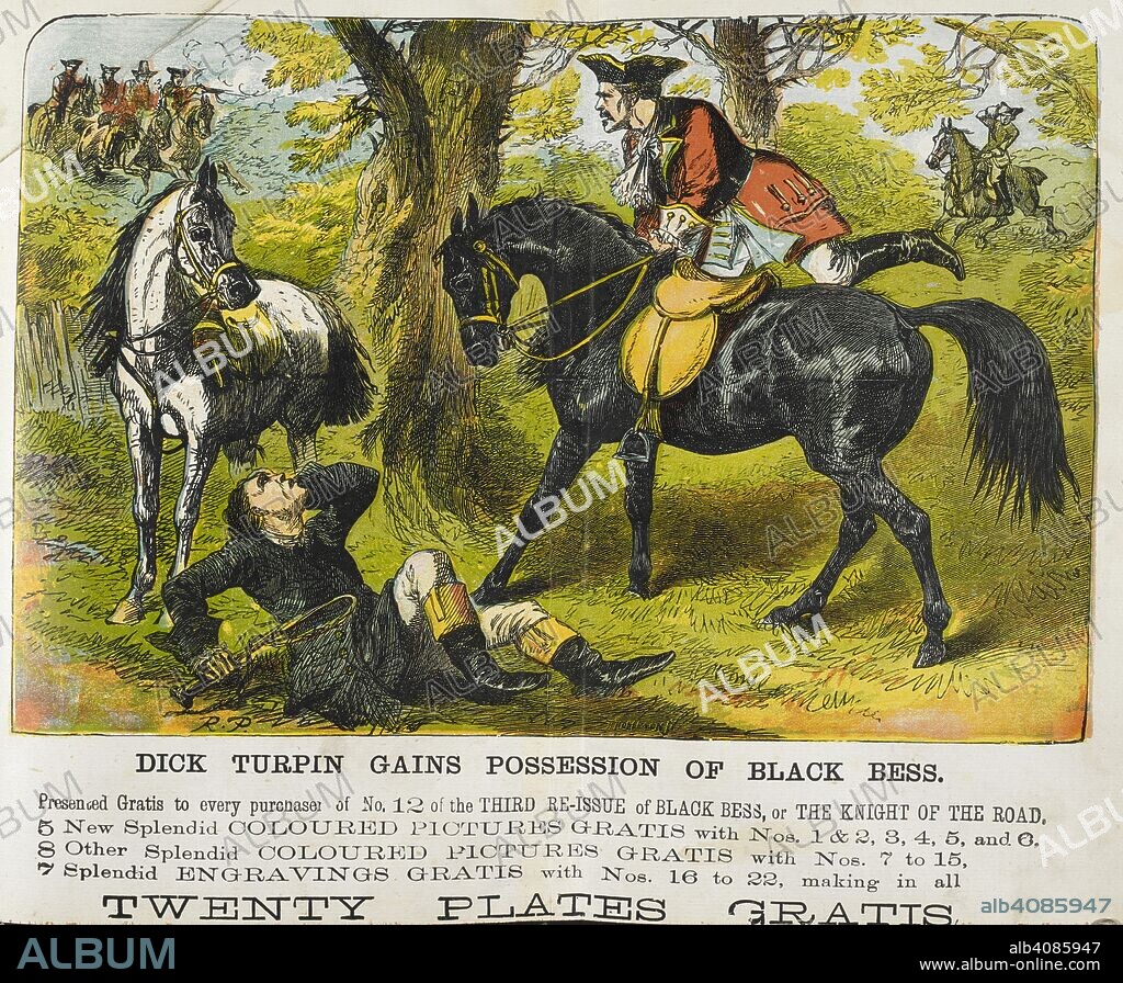 Dick Turpin gains possession of Black Bess'. Richard "Dick" Turpin (bap. 1705 â€“ 7 April 1739) was an English highwayman whose exploits were romanticised following his execution in York for horse theft. He was a poacher, burglar, horse thief and killer. He is also known for a fictional 200-mile (320 km) overnight ride from London to York on his horse Black Bess. Black Bess, or, The Knight of the road : a tale of the good old times / [by Edward Viles]. London : E. Harrison, [1866-1868]. Source: C.140.a.15, volume 2, fold-out.