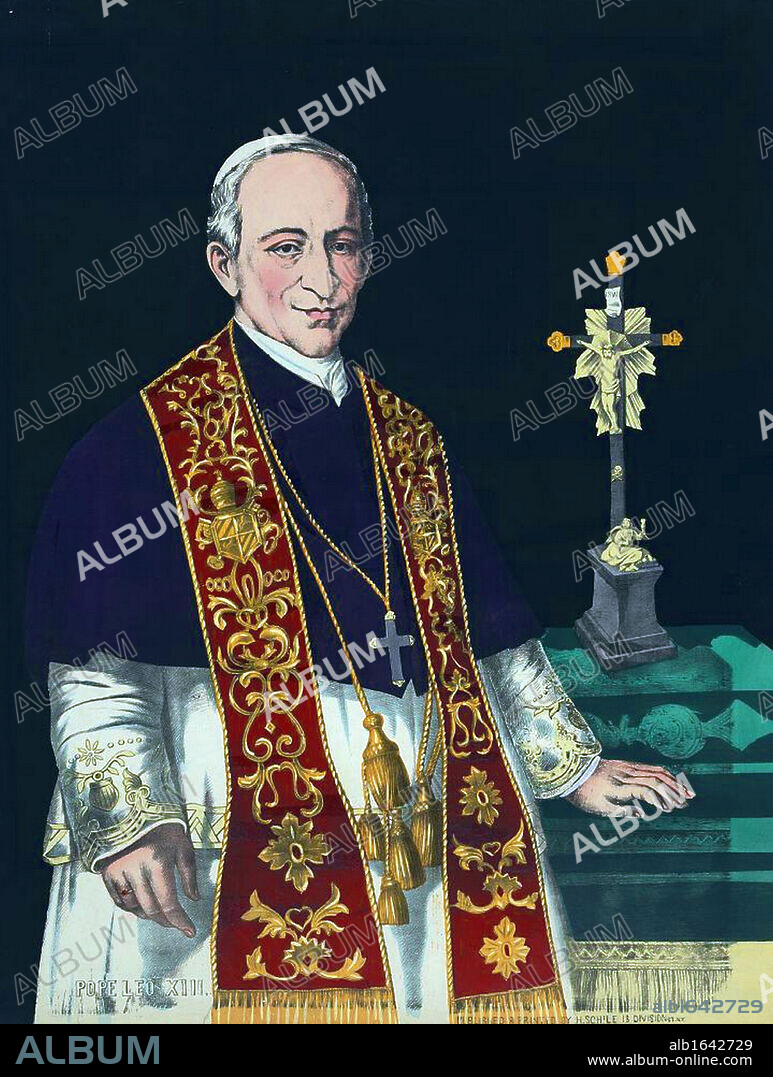Pope Leo XIII (1810-1903 -  born Vincenzo Gioacchino Luigi Pecci) 256th Supreme Pontiff  1878-1903. Three-quarter length portrait facing front, one hand on table with crucifix. Religion Christian Roman Catholic Hand-coloured.