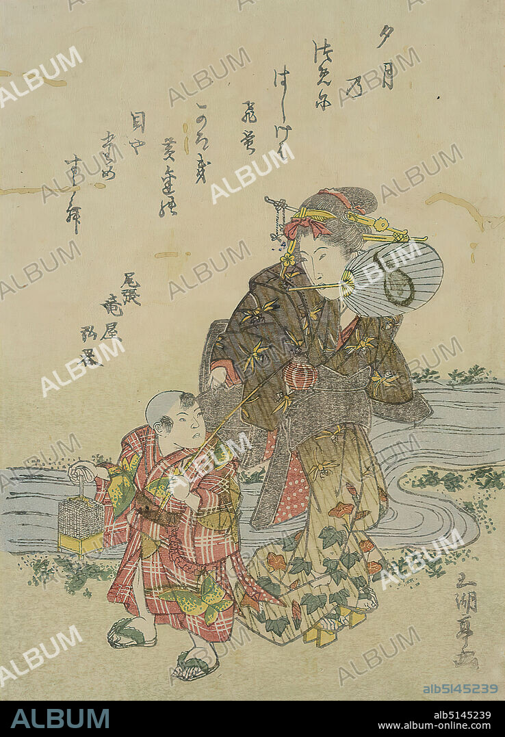 Utagawa Sadakage I, Woman with child at the river, color woodcut, total: height: 17,20 cm; width: 12,20 cm, signed: Gokotei ga , printmaking,printing, river, child, fan, Edo period.