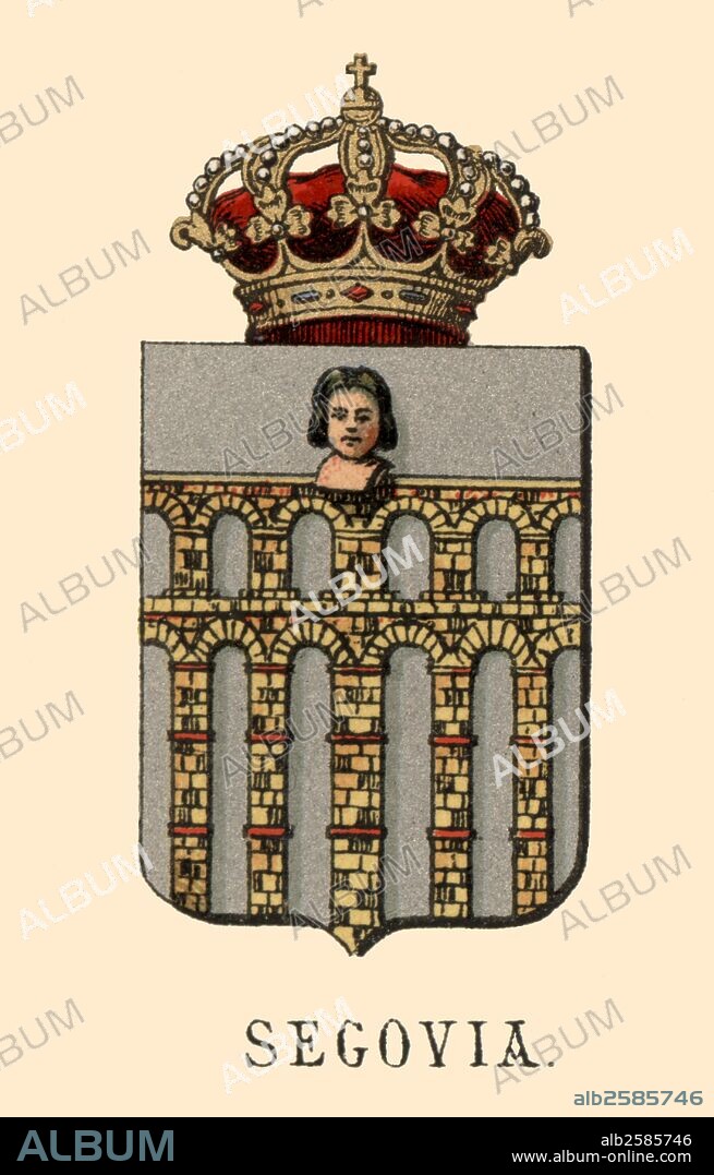 España. Heráldica. Escudo de armas de la provincia de Segovia. Grabado de 1878.