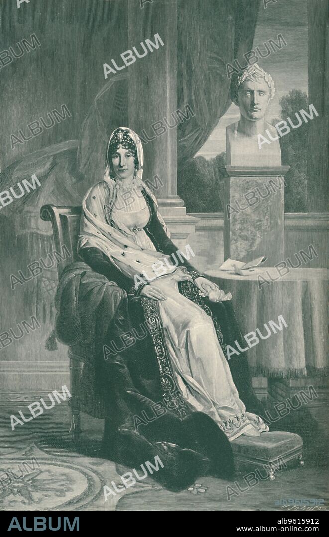 T JOHNSON. 'Marie-Laetitia Ramolino Bonaparte - Madame Mère - Mother of Napoleon I', c1800-1804, (1896). Maria Letizia Buonaparte née Ramolino [1750-1836) was an Italian noblewoman and mother of Napoleon I of France. She is shown here with a bust of her son as Caesar. Engraving after the painting made c1800-1804 by François Gérard. From Life of Napoleon Bonaparte, Volume IV, by William Milligan Sloane. [The Century Co., New York, 1896].