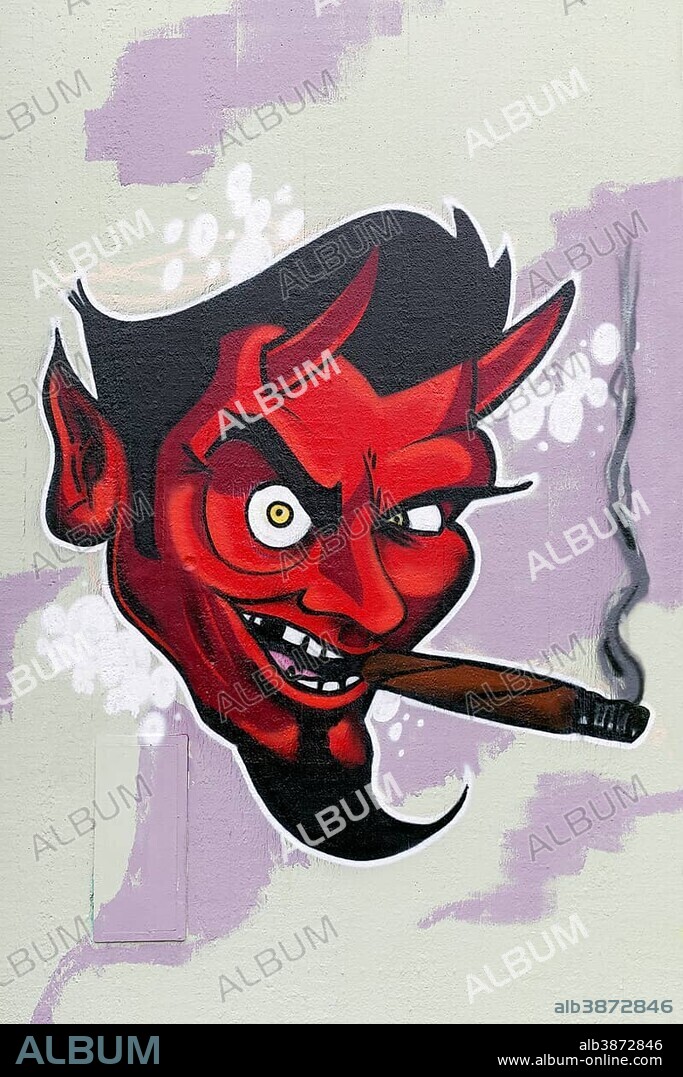 Red devil smoking cigar, graffiti, urban art, street art, Düsseldorf, North Rhine-Westphalia, Germany, Europe.