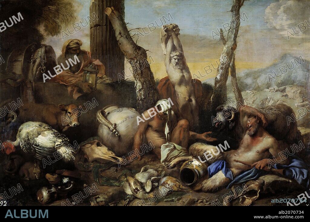 Giovanni Benedetto Castiglione / 'Diógenes buscando a un hombre', 1645-1655, Escuela Italiana, Óleo sobre Lienzo, 97 cm x 145 cm, P00088.