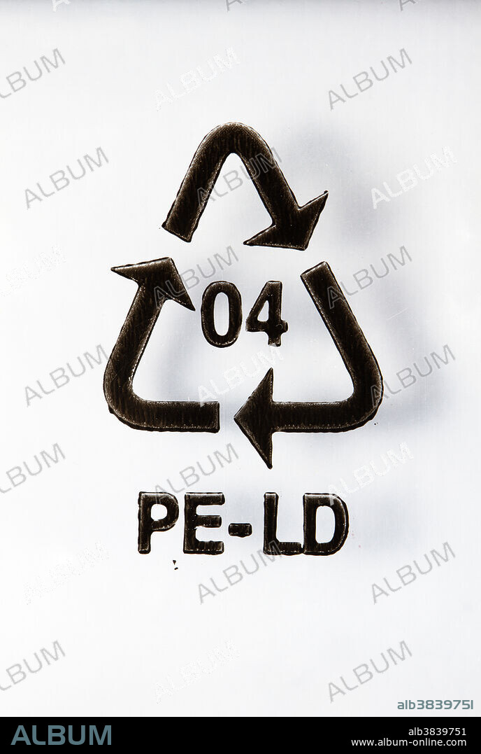 PELD recycling symbol. PELD or LDPE (low-density polyethylene) is commonly recycled. It is labeled as 4 in the SPI resin identification coding system. Photographed here is the PELD recycling symbol on a sheet of clear transparent plastic.