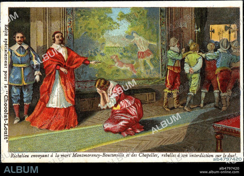 RICHELIEU (1585-1642) envoyant a la mort MONTMORENCY-BOUTTEVILLE et des CHAPELLES, rebelles a son interdiction sur le duel. Illustration anonyme vers 1910 pour un chromo publicitaire. Credit : Collection Jonas/Kharbine-Tapabor.
