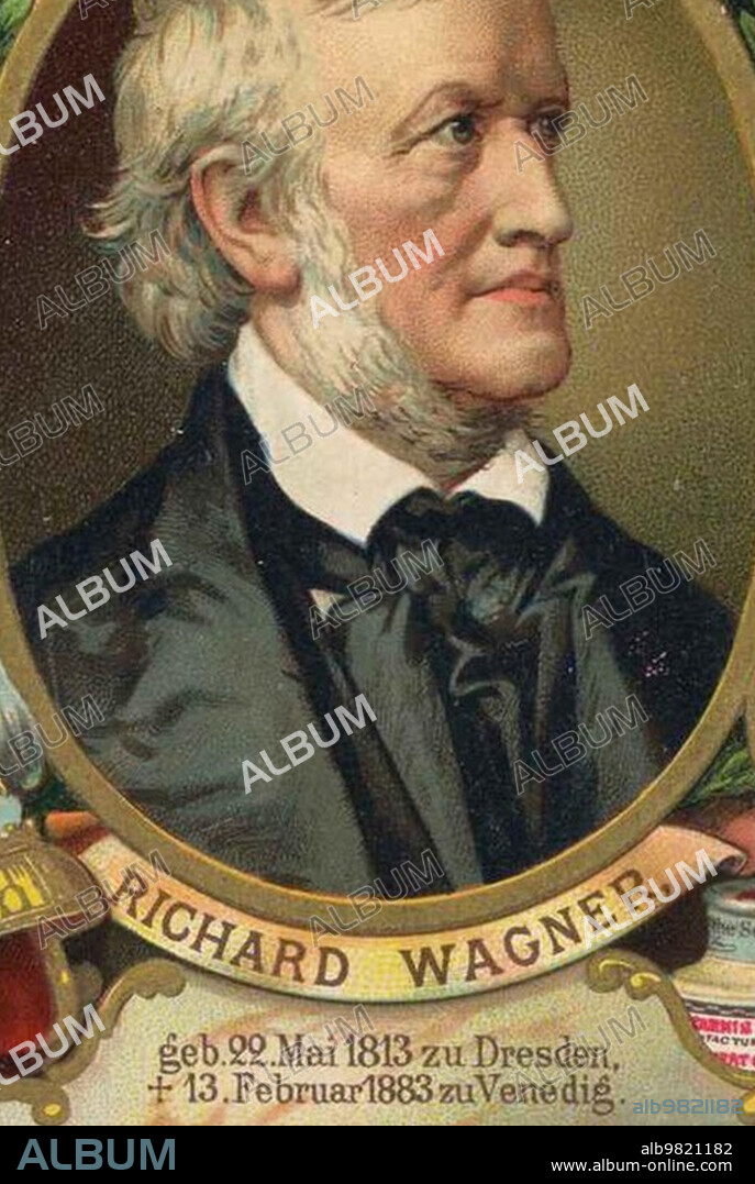 Wilhelm Richard Wagner (22 May 1813) (13 February 1883) a German composer, writer, theatre director and conductor, digitally restored reproduction of a public domain collective picture from c. 1900, Liebig picture series Famous Composers (1893)