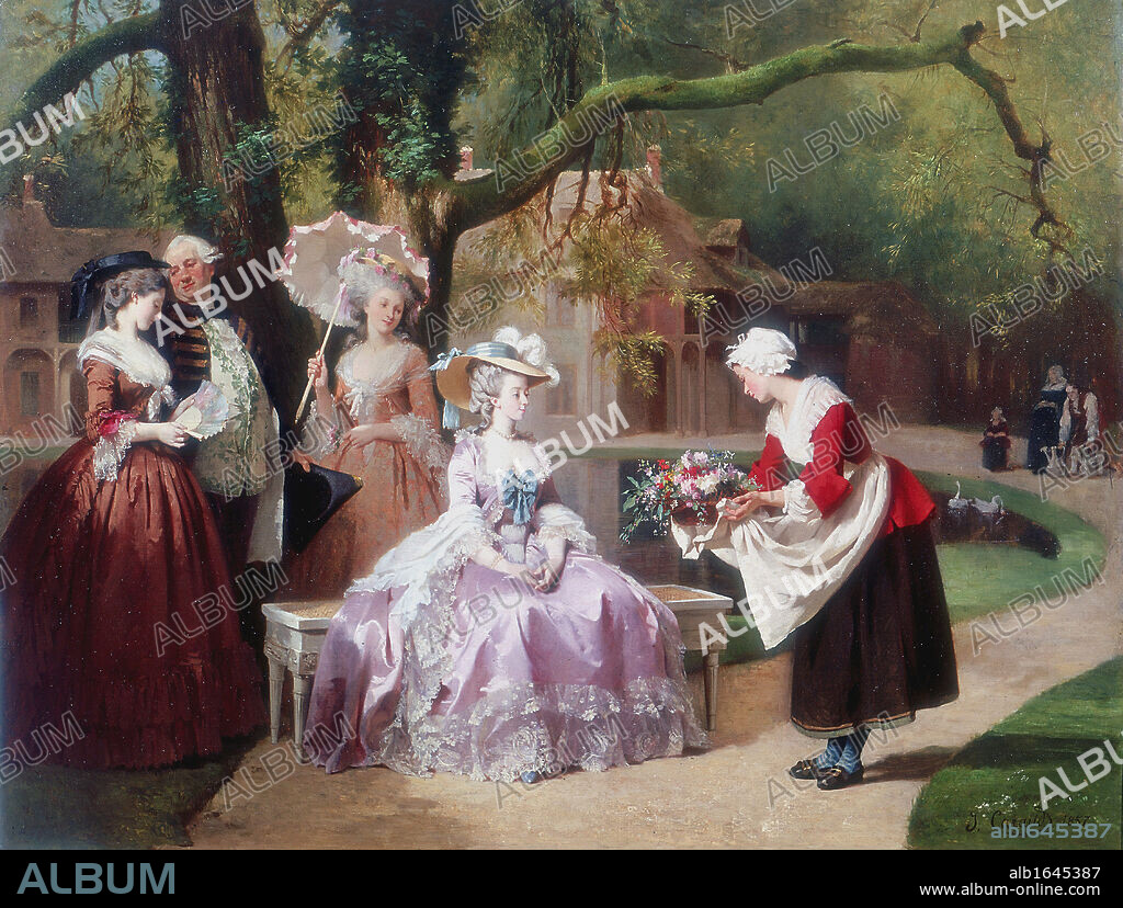 Empress Eugenie presented with bouquet by peasant girl. Eugenie de Montijo (1826-1920) Spanish-born wife of Napoleon III of France.  J Carand. Oil on canvas.