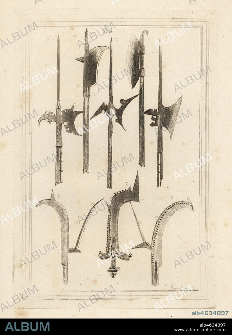 Sword blade halberd 1,3,5, brown bill 2, Lochaber-axe 4, ancient bill 6, hand bill with small bells 7, and bill found at Battefield, Shrewsbury 8. Copperplate engraving by J. Hamilton from Francis Grose's Military Antiquities respecting a History of the English Army, Stockdale, London, 1812.