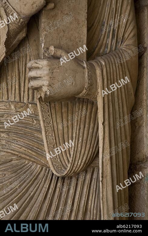 Bourges (Dép.Cher, Frankreich), Kathedrale / Cathédrale Saint-Étienne (Chor 1198-1215, Schiff 1266, Westfassade im 16.Jh.vollendet), Seitenportal am südlichen Langhaus (um 1160).-Teilansicht: Detail einer der linken Gewändefiguren.-Foto, undat.