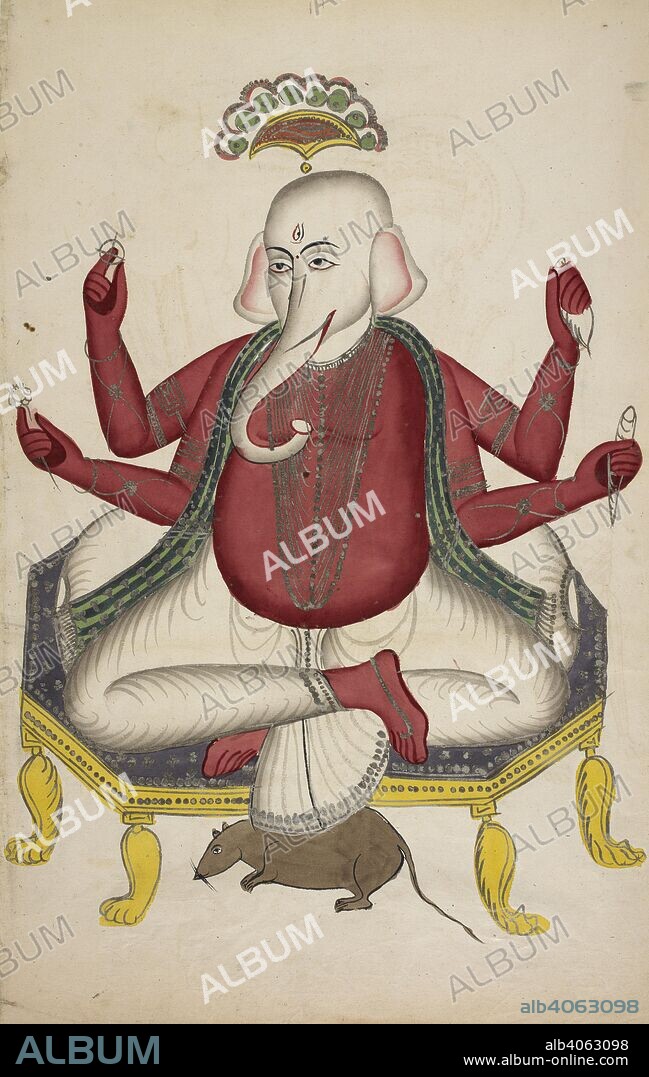 Four-armed Ganesh, seated, with his rat beneath his stool. Ganesh is the god of prosperity and the remover of obstacles and one of the most popular Hindu deities. c.1855. Watercolour. Source: Add.Or.4536.
